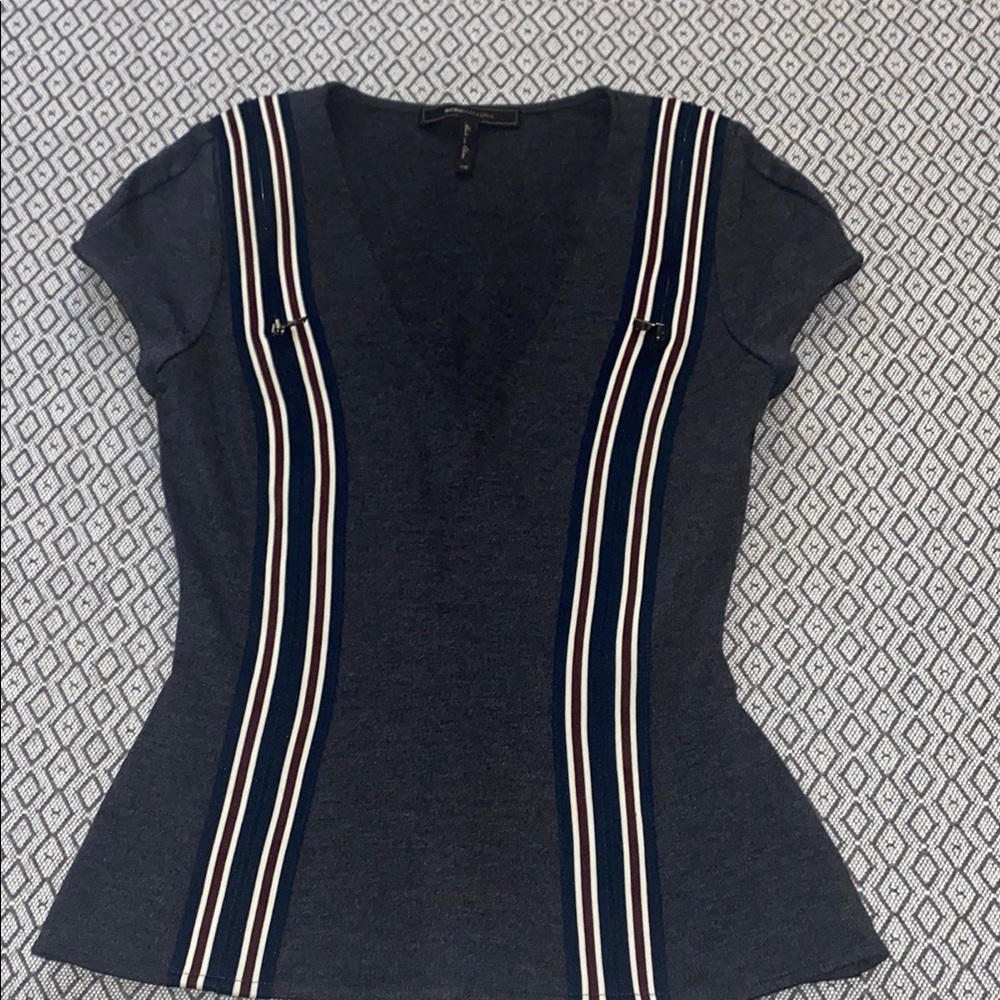 Gentle used- BCBG MAXSZARIA Stylish Gray Top with Striped Accents